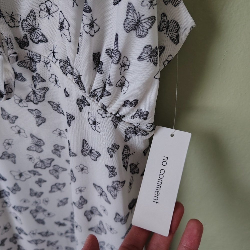 *NWT* No Comment Women's XL White Spaghetti Strap Butterfly Print Lined Dress - Picture 9 of 15